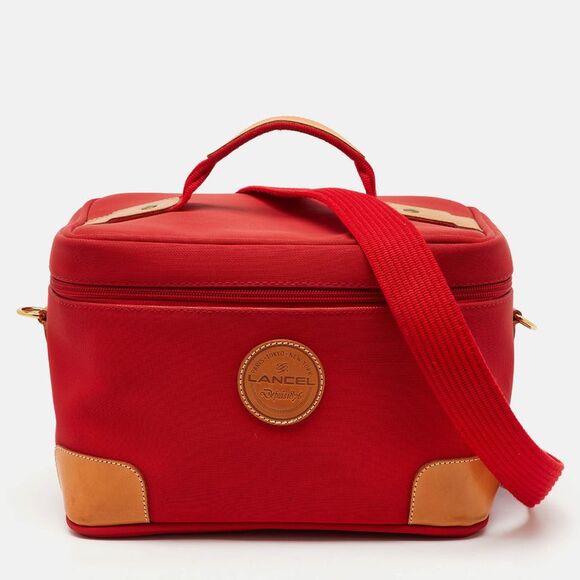 Lancel Red/tan Canvas And Leather Trim Vanity Travel Bag